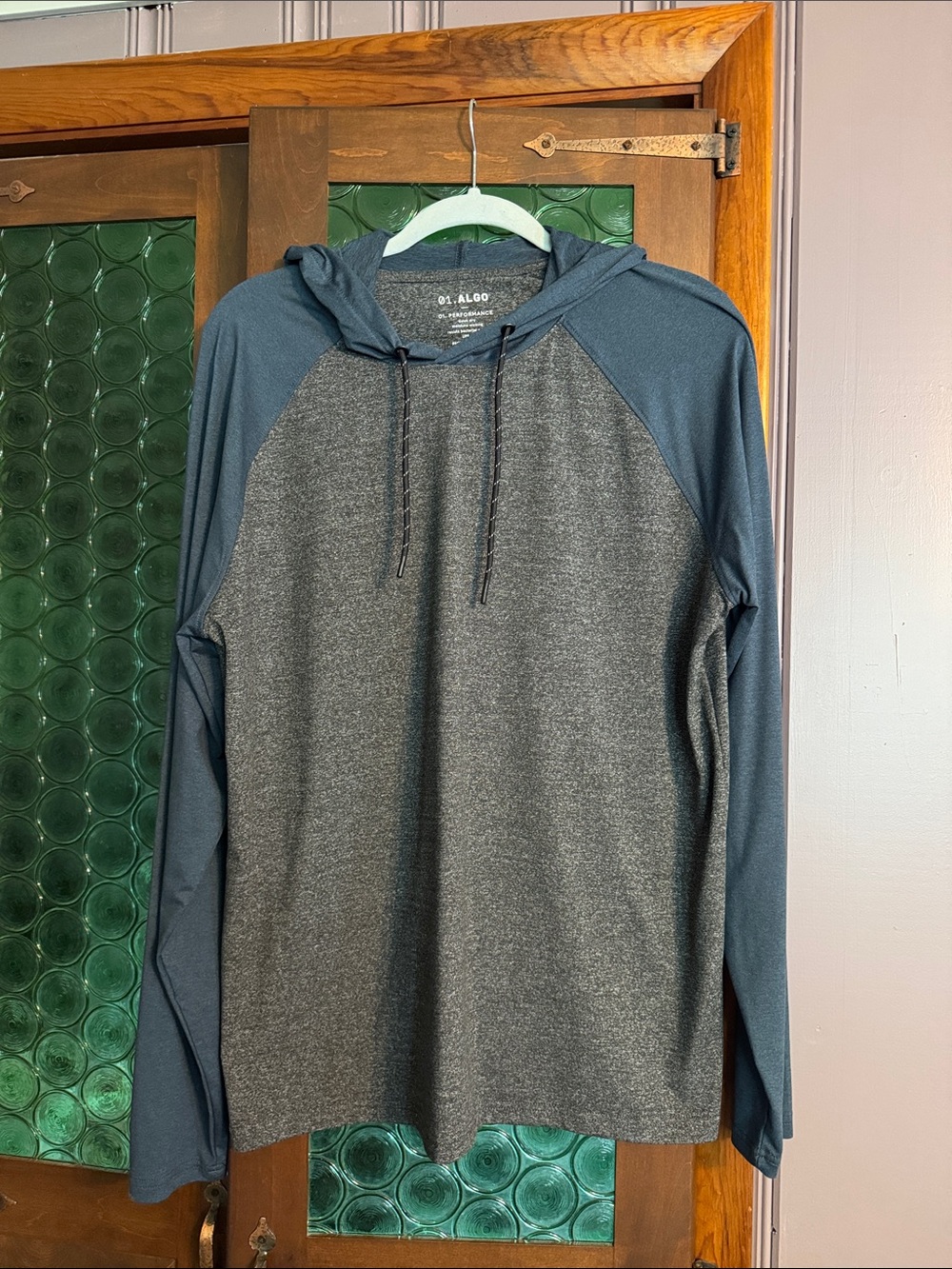 ALO Men's Heather Gray Body with Slate Blue Raglan Hoodie